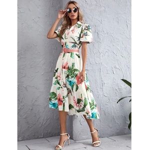 Floral Print Puff Sleeve Ruffle Hem Belted Dress
